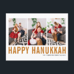 Orange Typography Photo Collage Happy Hanukkah Holiday Postcard<br><div class="desc">Happy Hanukkah! Customizable Happy Hanukkah photo collage postcard featuring orange simple typography and snow pattern. Personalize by adding three photos,  names,  year and other details. This modern Hanukkah postcard is available in other colours and cardstock.</div>