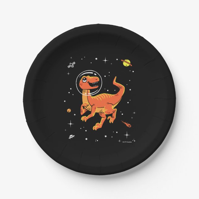 Orange Tyrannosaurus Dinos In Space Paper Plate (Front)