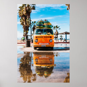 Orange van with surfboard on top poster