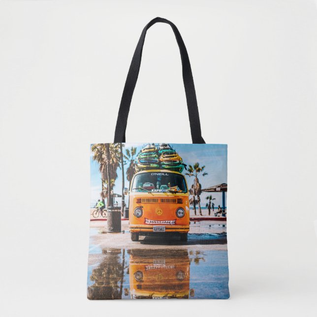 Orange van with surfboard on top tote bag (Front)