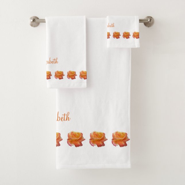 Orange Varigated Rose Photo on White Orange Name  Bath Towel Set (Insitu)