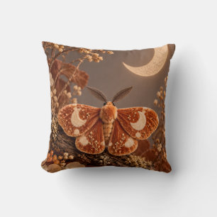 Orange Velvet Moth Golden Crescent Moon Botanical Throw Pillow