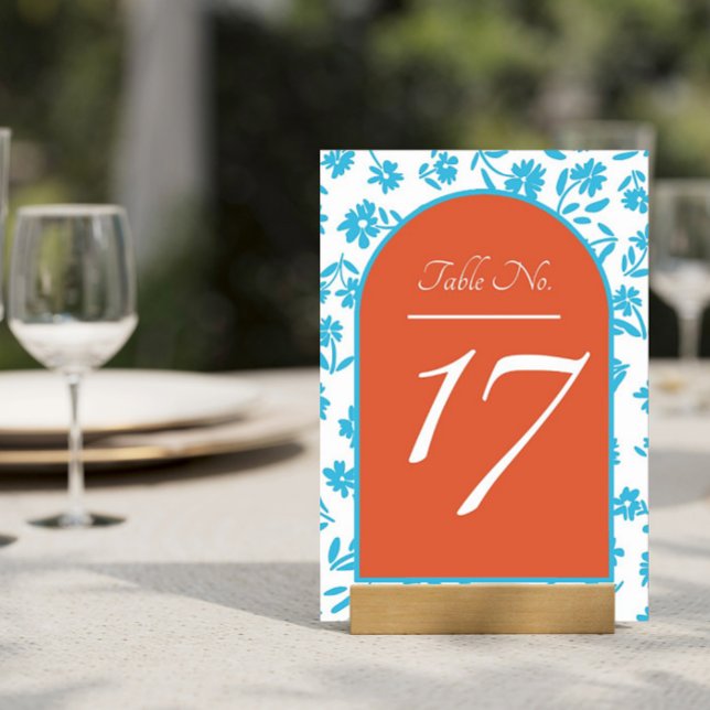 Orange Verona Sunset Blue Flowers Wedding Table Number (Creator Uploaded)