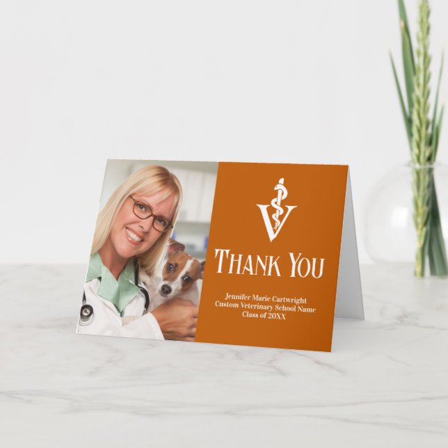 Orange Veterinary School Graduation Photo Custom Thank You Card (Front)
