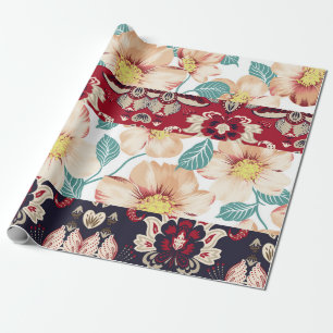 Orange vintage flowers with seamless paisley borde wrapping paper