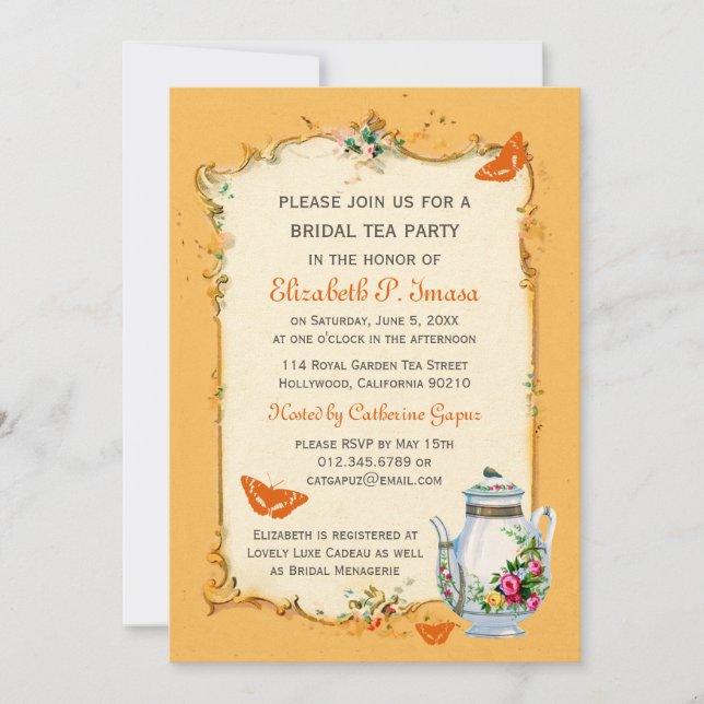 Orange Vintage French Bridal Tea Party Invitation (Front)