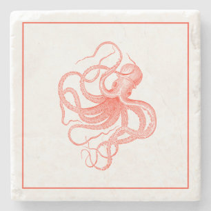 Orange Vintage Octopus Illustration Stone Coaster