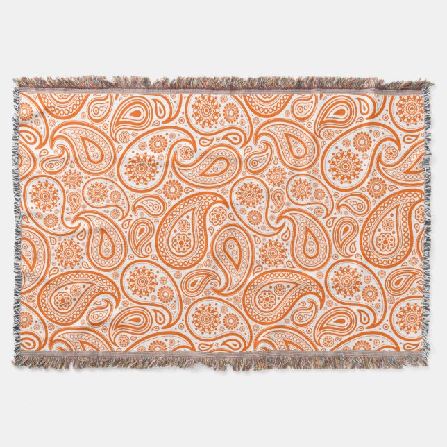 Orange Vintage Paisley White Background Throw Blanket (Front)