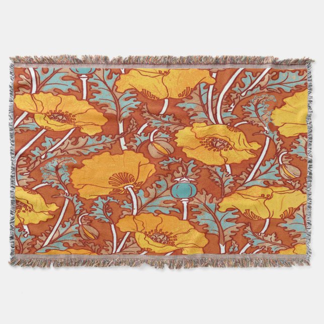 Orange Vintage Poppy Throw Blanket (Front)
