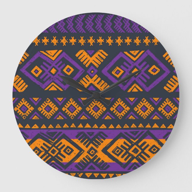 Orange, violet tribal geometric seamless pattern. large clock (Front)