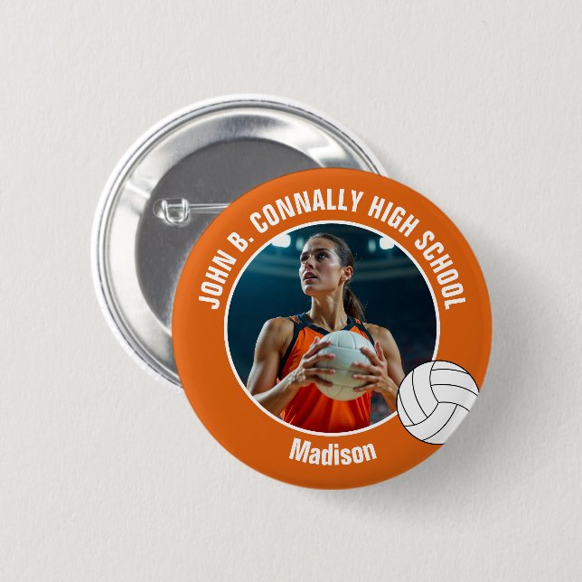 Orange Volleyball Player Photo High School Spirit 2 Inch Round Button (Front & Back)