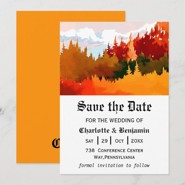 Orange Watercolor Autumn Landscape Save The Date  (Front/Back)