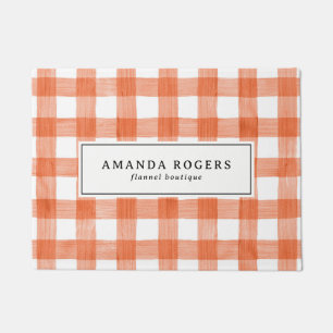 Orange Watercolor Buffalo Plaid Farmhouse name Doormat
