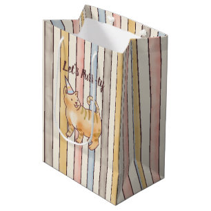 Orange Watercolor Cat, Pink, Yellow, Blue Stripes Medium Gift Bag