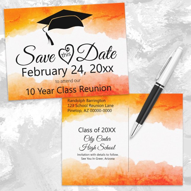Orange Watercolor Class Reunion Save The Date Postcard (Creator Uploaded)