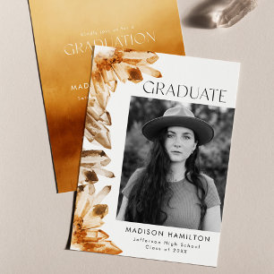Orange Watercolor Crystal Photo Graduation Party Invitation