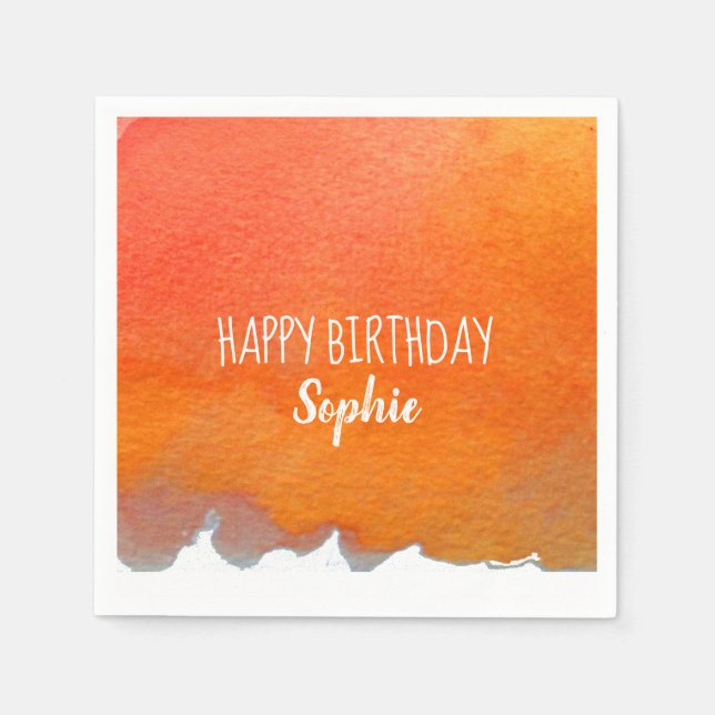 Orange watercolor cute Happy Birthday personalised Napkin (Front)