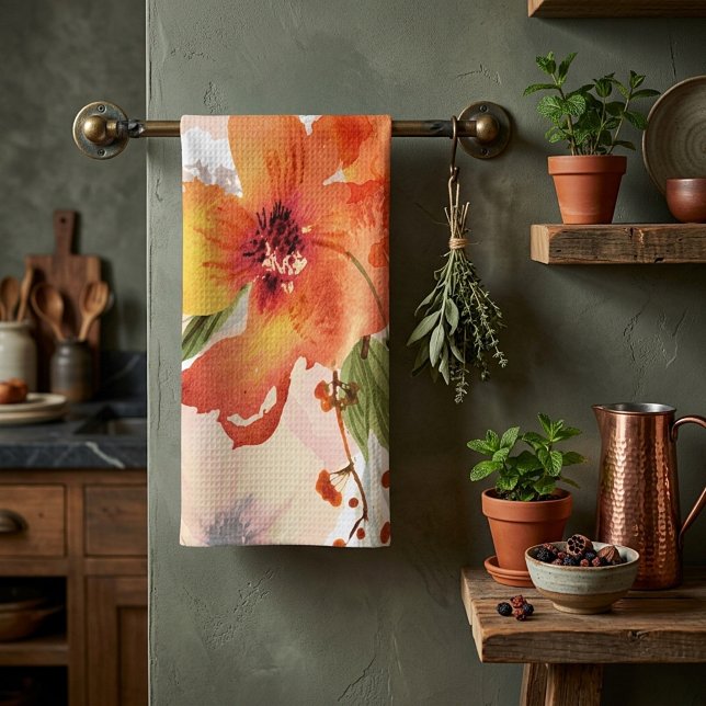 Orange watercolor fall floral kitchen towel (Creator Uploaded)
