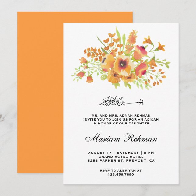 Orange Watercolor Floral Baby Girl Aqiqah Invitation (Front/Back)
