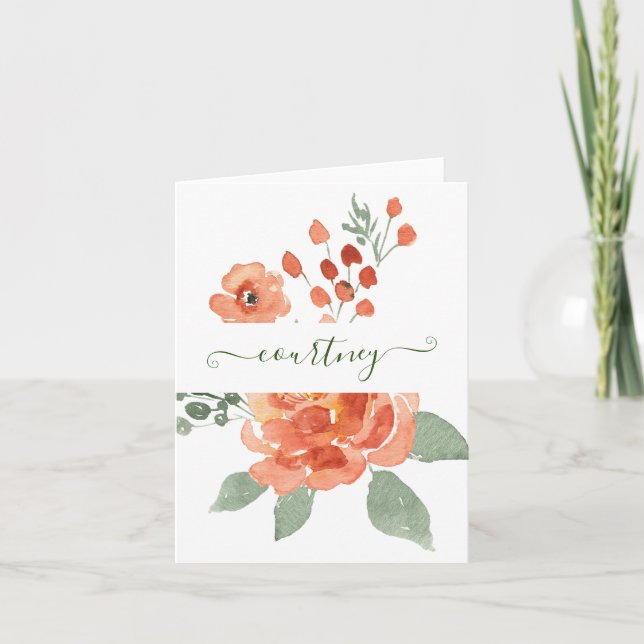 Orange watercolor floral personalized   note card (Front)