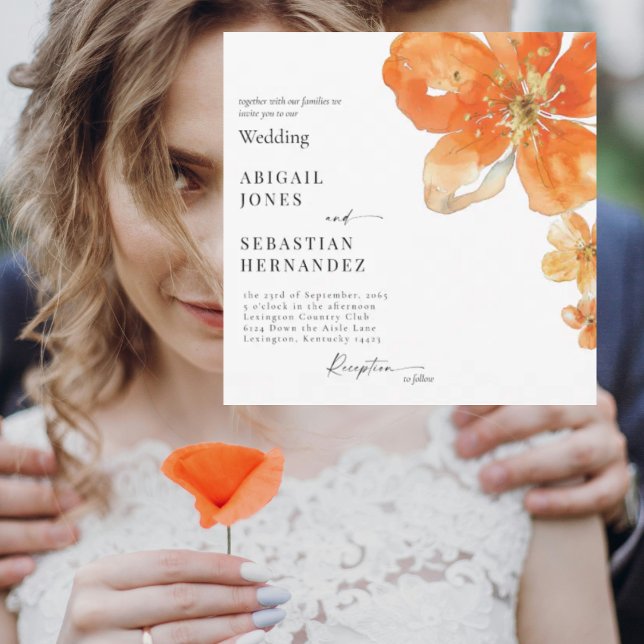 Orange Watercolor Floral Square Wedding Invitation (Creator Uploaded)