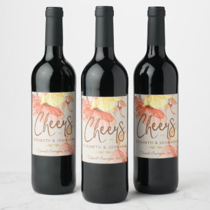 Orange watercolor floral typography cheers wedding wine label