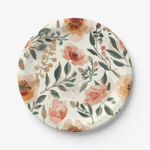 Orange Watercolor Flowers Botanical Painting Paper Plate
