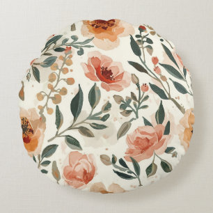 Orange Watercolor Flowers Botanical Painting Round Pillow