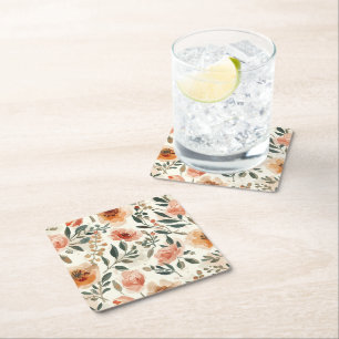 Orange Watercolor Flowers Botanical Painting Square Paper Coaster