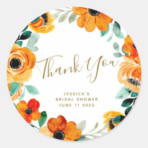 Orange Watercolor Flowers Custom Bridal Shower  Classic Round Sticker