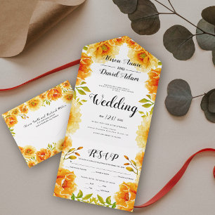 Orange watercolor flowers fall wedding all in one invitation