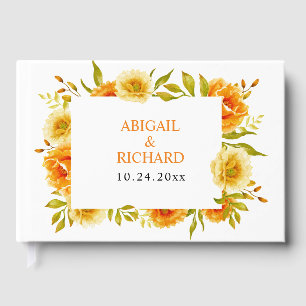 Orange watercolor flowers floral wedding guest book