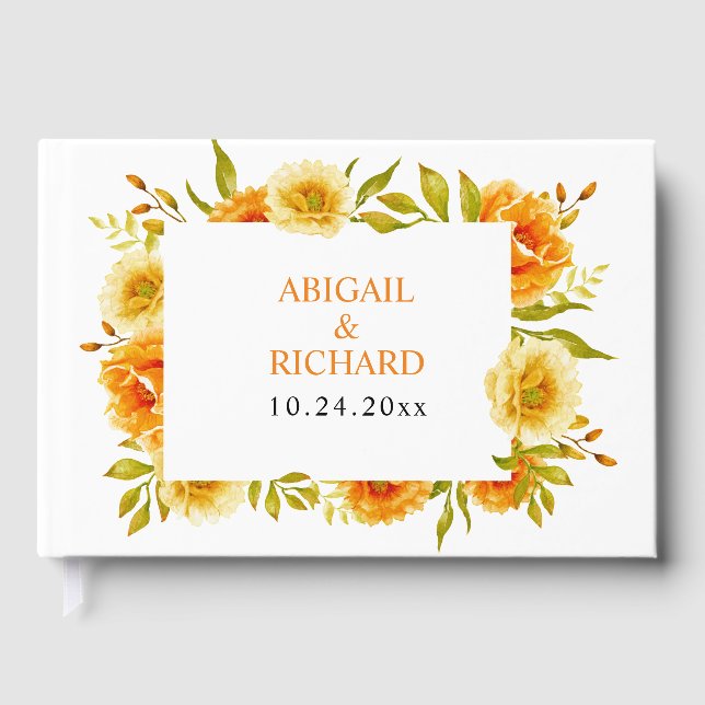 Orange watercolor flowers floral wedding guest book (Front)