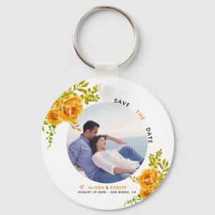 Orange watercolor flowers, green leaves and photo keychain