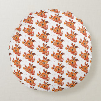 Orange Watercolor Flowers I Round Pillow