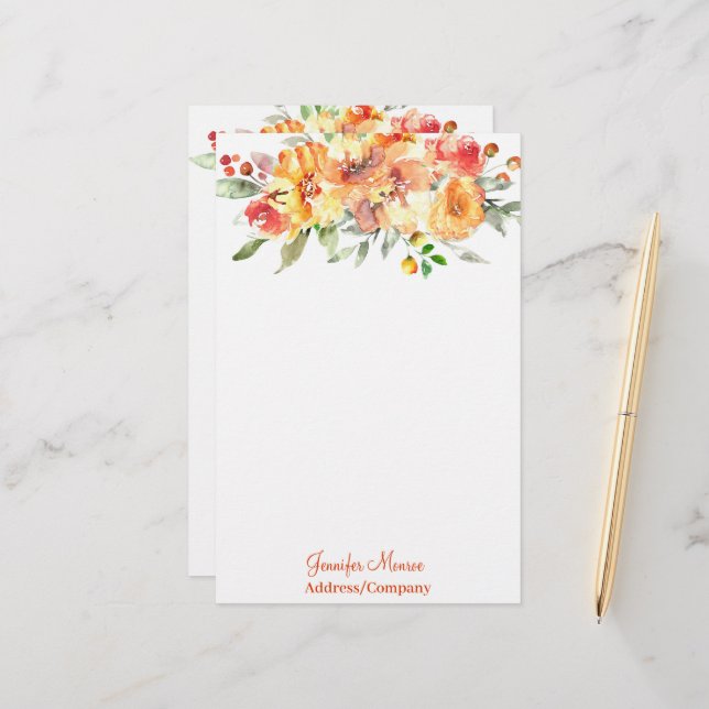 Orange watercolor flowers personalized stationery (Front/Back In Situ)