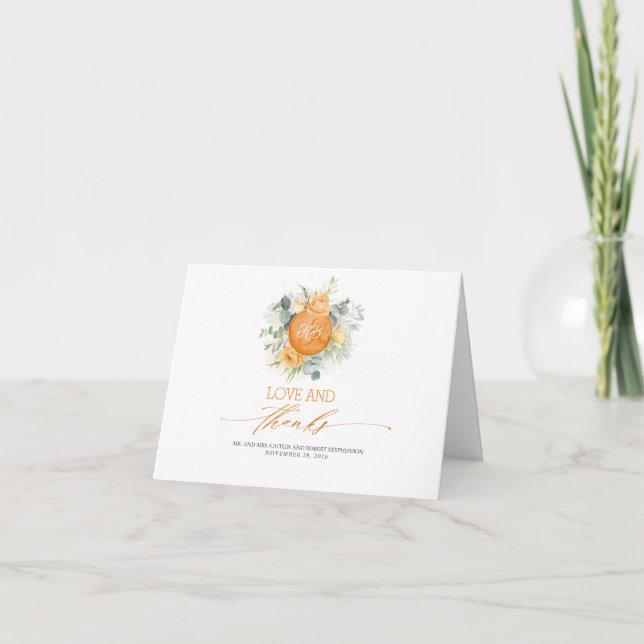 Orange Watercolor Flowers Thank You Card (Front)