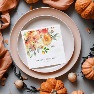 Orange Watercolor Flowers Wedding Napkin