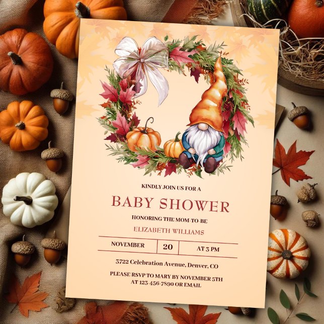 Orange Watercolor Gnome Pumpkin Fall Baby Shower Invitation (Orange Watercolor Gnome Pumpkin Fall Baby Shower Invitation)