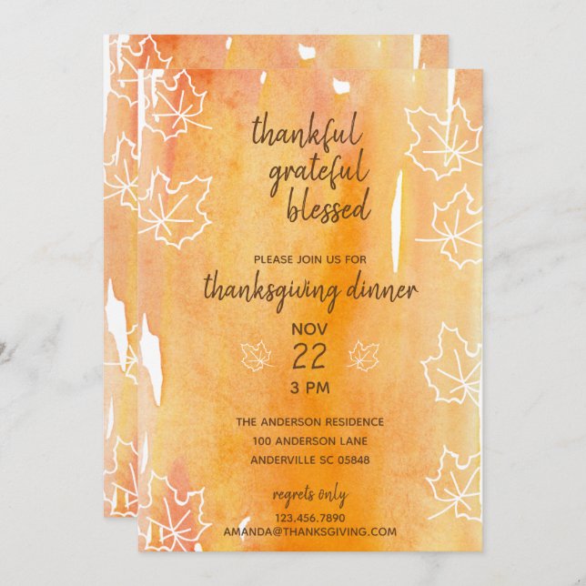 Orange Watercolor Maple Leaf Thanksgiving Diner Invitation (Front/Back)