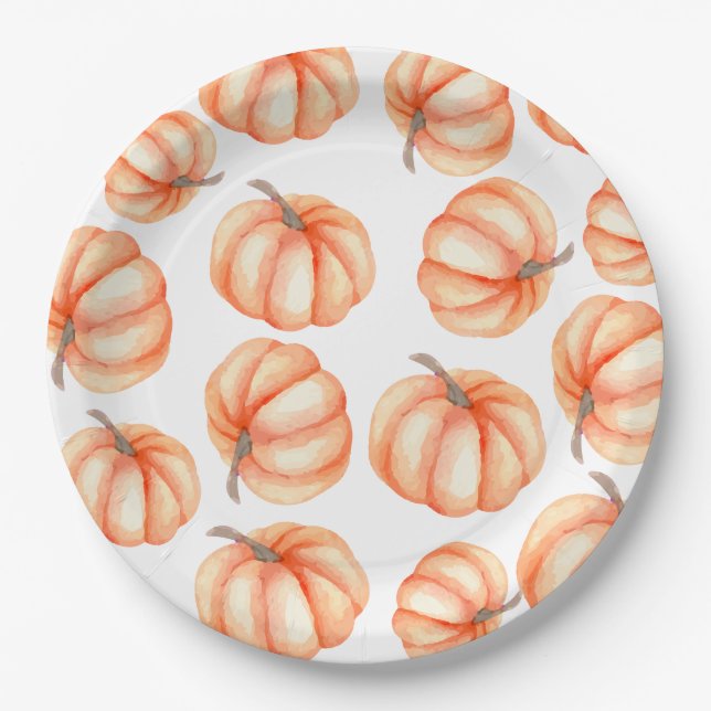  Orange Watercolor Pattern Pumpkin Halloween Fall  Paper Plate (Front)