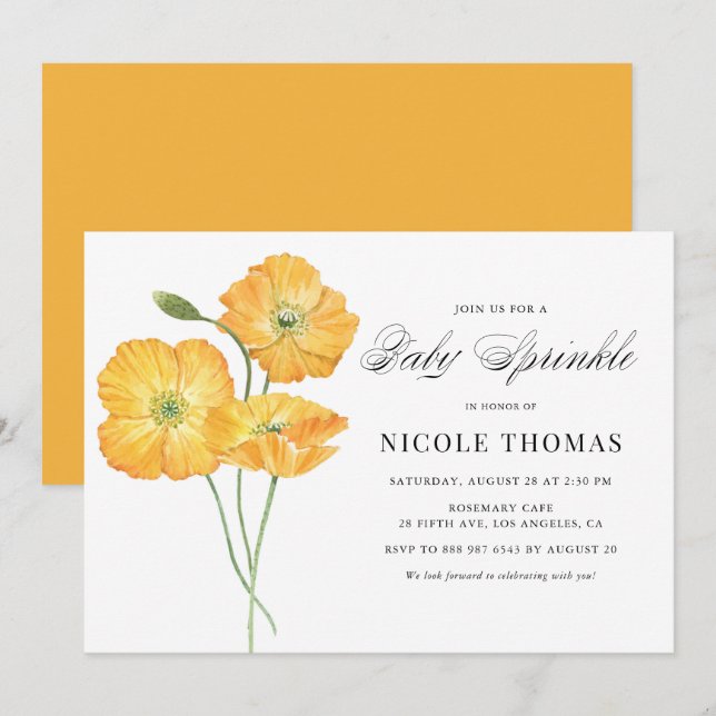 Orange Watercolor Poppies Floral Baby Sprinkle Invitation (Front/Back)