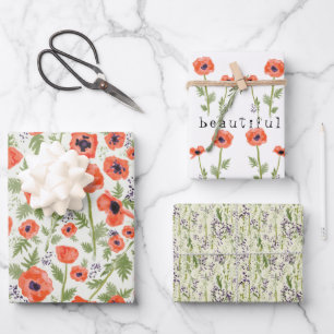 Orange Watercolor Poppies Floral Pattern Wrapping Paper Sheet