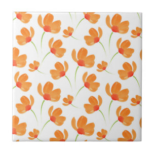 Orange Watercolor Poppies Pattern Tile