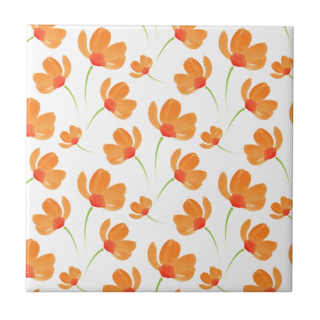 Orange Watercolor Poppies Pattern Tile (Front)