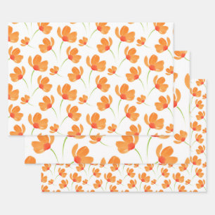 Orange Watercolor Poppies Pattern Wrapping Paper Sheet