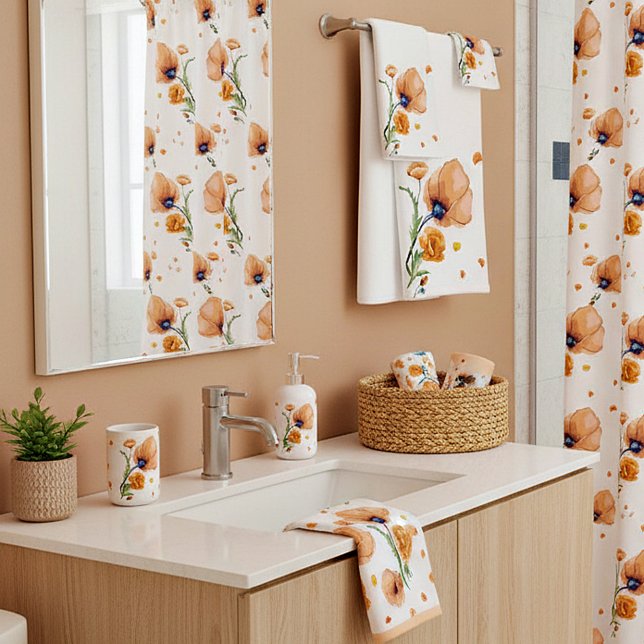Orange watercolor poppy  bath towel set (Creator Uploaded)
