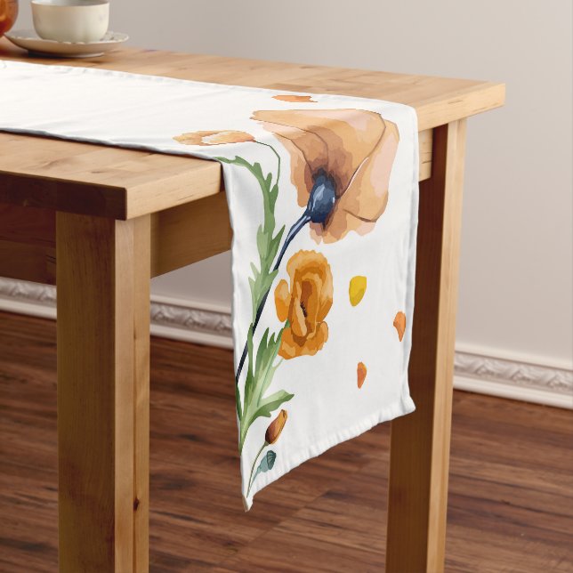 Orange watercolor poppy  short table runner (In Situ)