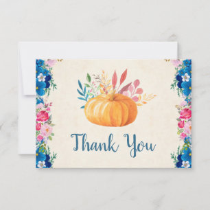orange Watercolor Pumpkin and Flowers Thank You Card