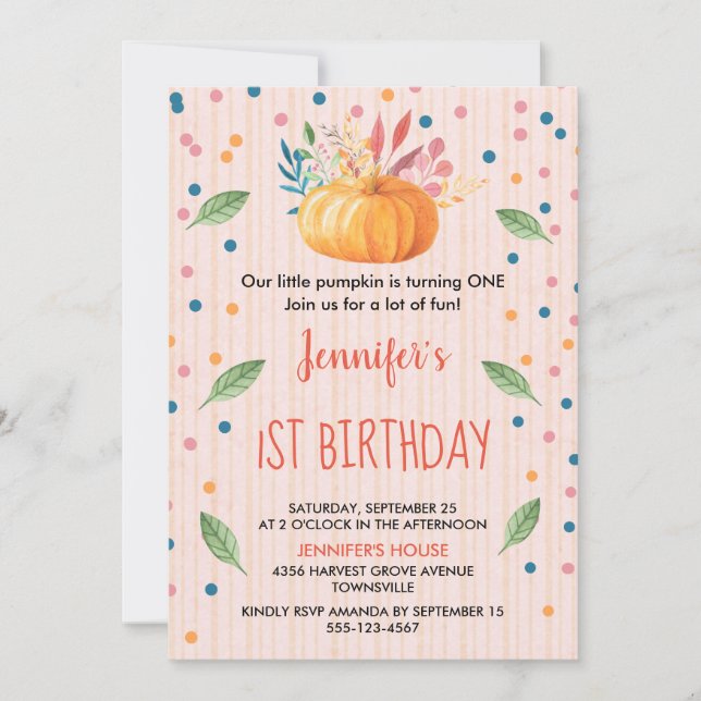 orange Watercolor Pumpkin Birthday Invitation (Front)